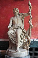 تندیس اسقلبیوس، خدای یونانی پزشکی که عصای اسقلبیوس با مار پیچ خورده‌اش را در دست دارد.