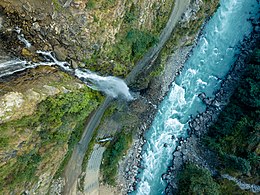 Arial view of Bhorley waterfall of Dolakha and Tamakoshi river. © Nammy Hang Kirat
