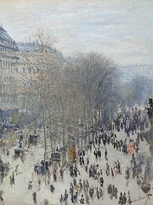 A painting of the Boulevard des Capucines in Paris by Claude Monet, painted from the window in Nadar's studio.