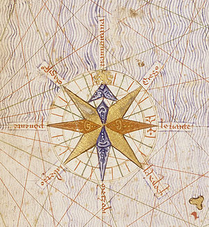 English: First compass rose depicted on a map,...