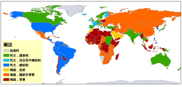 1988年世界各政體的民主-獨裁DD分類（引用來源：原資料集包括202國家從1946或該國政體獨立的年開始到2008年，此圖僅呈現1988年資料）