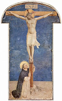 Saint Dominic Adoring the Crucifixion, fresco by Fra Angelico Fra Angelico 072.jpg