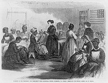 Northern teachers traveled into the South to provide education and training for the newly freed population. Freedmen richmond sewing women.jpg