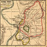 Plan de Rome à l'époque de Servius Tullius. Le pomerium est indiqué en rouge et l'on peut voir, en jaune, que le Capitole et l'Aventin ne sont pas inclus dans le pomerium.