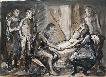 Jesus ved den syge Pige. Tusch og Akvarel. Ca.1970
