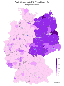 Percentage of party votes [de] for the Left Party in the 2017 federal election in Germany Karte btw linke17z endg.svg