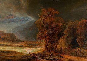 Paysage avec le Bon Samaritain, huile sur panneau de chêne de Rembrandt (1638, musée Czartoryski, à Cracovie). (définition réelle 9 484 × 6 675)