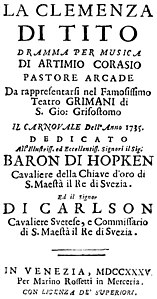 Leonardo Leo – La clemenza di Tito – Titelseite des Librettos – Venedig 1735