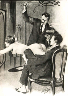 Inflicting pain upon others is a common fantasy of sex offenders, which may include spanking as illustrated in the above image. Produced by Lewis Bald in 1913. Lewis Bald - Woman Whipped 1.png