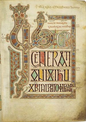Folio 27r from the Lindisfarne Gospels contain...