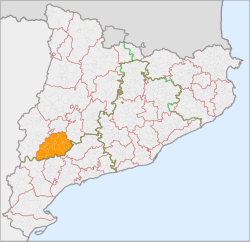 Location of Les Garrigues (in blue) within Catalonia