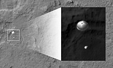 NASA's Curiosity rover and its parachute were spotted by NASA's Mars Reconnaissance Orbiter as the probe descended to the surface. August 6, 2012. MRO sees Curiosity landing.jpg