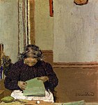 Madame Vuillard Cousant or Old Lady Examining her Needlework; by Édouard Vuillard; 1893; oil on board, 29.2 × 27.9 cm.; Private collection