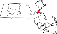 Kort over Massachusetts med Suffolk County markeret