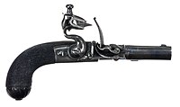 Likely ultimate development of Queen Anne design by Mortimer & Co. c. 1805. Folding trigger, bolt safety locking the frizzen, roller on frizzen spring, link on main spring, front sight