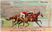 Postcard using Ann Collins painting of Alsab winning over Whirlaway