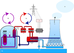 Esquema de un reactor nuclear de fisión refrigerado por agua presurizada.