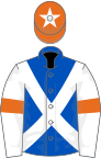 Royal blue, white cross belts, white sleeves, orange armlets, orange cap, white star