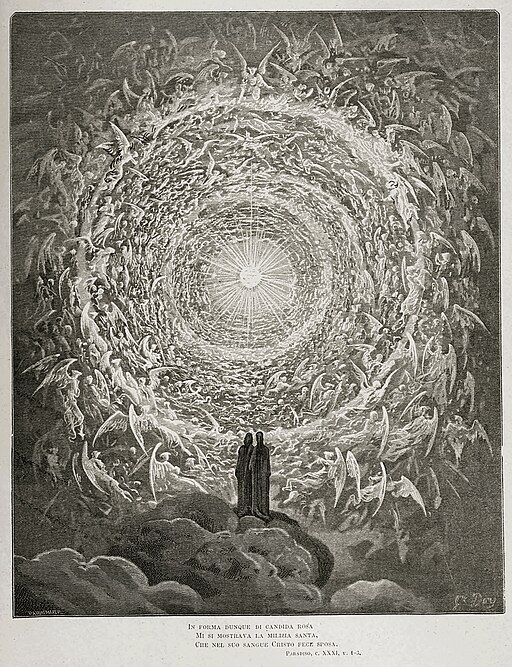"Rosa Celeste: Dante in addition to Beatrice gaze upon a highest Heaven" by Gustave Doré