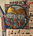 Liturgilise viisiraamatu kuldtaustaga initsiaal kujutab Püha vaimu väljavalamist. 1310–1320, Inglismaa