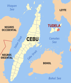 Mapa ng Cebu na nagpapakita sa lokasyon ng Tudela.