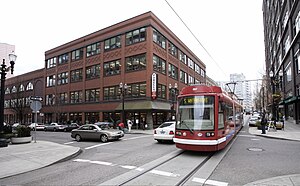 The Portland Streetcar in front of Powell's Books.