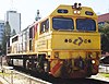 Aurizon locomotive Q 4001 leads a bulk freight west train at Fremantle in July 2018