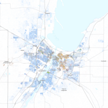 Map of racial distribution in Green Bay, 2020 U.S. census. Each dot is one person:
.mw-parser-output .legend{page-break-inside:avoid;break-inside:avoid-column}.mw-parser-output .legend-color{display:inline-block;min-width:1.25em;height:1.25em;line-height:1.25;margin:1px 0;text-align:center;border:1px solid black;background-color:transparent;color:black}.mw-parser-output .legend-text{}
 White
 Black
 Asian
 Hispanic
 Multiracial
 Native American/Other Race and ethnicity 2020 Green Bay, WI.png