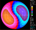 Идеализированный пример отображения скорости ветра на РЛС, полученный за счёт эффекта Доплера. Скорости приближения показаны синим цветом, а скорости удаления — красным