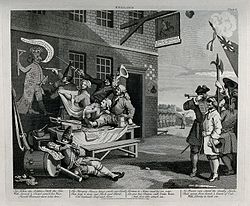 Enlisting soldiers by Hogarth ca 1750; in all armies, alcohol played a prominent part in recruiting Recruitment and measurement of soldiers outside a village in Wellcome V0049297.jpg