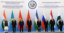 Putin with Chinese leader Xi Jinping, Indian Prime Minister Narendra Modi and other leaders at the Shanghai Cooperation Organisation summit on 16 September 2022 SCO meeting (2022-09-16).jpg