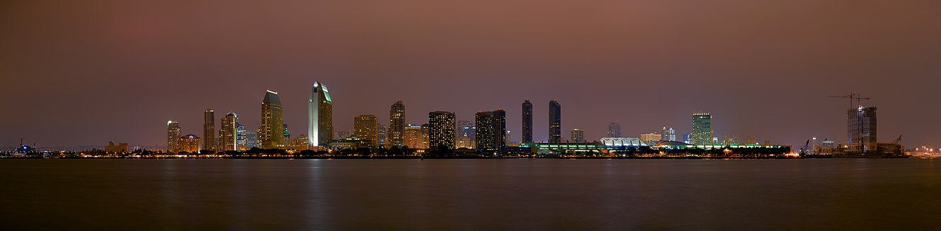 The Skyline of Downtown San Diego, California, US, during nighttime. Seen from Coronado Island, in November 2007