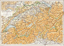 Карта рельєфу Швейцарії з путівника Карла Бедекера, 1913 рік