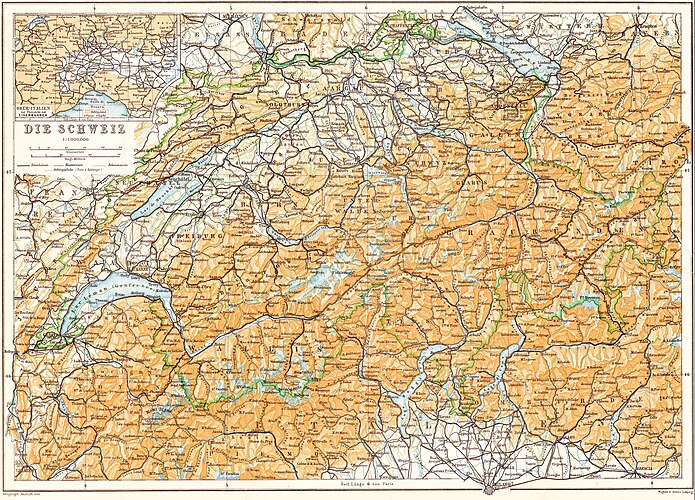 Карта Швейцарии из путеводителя Baedeker 1913 года.