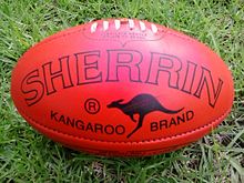 A Sherrin Kangaroo Brand football. Sherrin is the official game ball of the Australian Football League. Sherrin footy.jpg