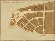 The original city map, called the Castello Plan, from 1660, showing the wall on the right side Stad Amsterdam in Nieuw Nederland (City Amsterdam in New Netherland) Castello Plan 1660.jpg