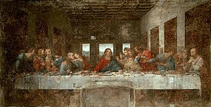 English: The Last Supper, showing Jesus, at th...