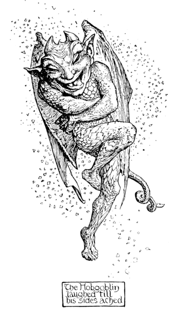 a gargoyle-like hobgoblin laughs. He has a scaly body, horns, and bat-like wings and his tongue sticks out a little as he laughs