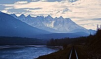 Orion Peak furthermost to right, seen with Seven Sisters Peaks and Skeena River