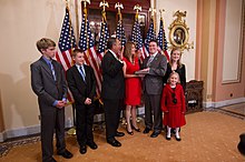 Massie being sworn into office by Speaker of the House John Boehner on November 13, 2012. Thomas Massie ceremonial swearing-in 2012-11-13.jpg