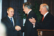 George H. W. Bush meeting Vladimir Putin at Rice in 2001 Vladimir Putin in the United States 13-16 November 2001-25.jpg