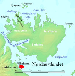 Wilhelmøya markeret med rødt