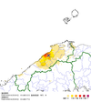 시마네현 서부 지진의 진앙 및 진도 분포도