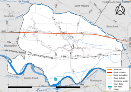 Carte en couleur présentant le réseau hydrographique de la commune