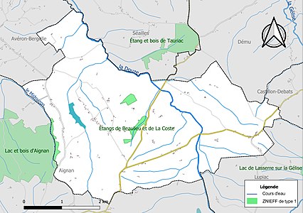 Carte des ZNIEFF de type 1 sur la commune.