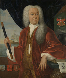 Adrian Valckenier, Governor-General of the Dutch East Indies, in a large white wig and regal clothing, holding a pipe-shaped object
