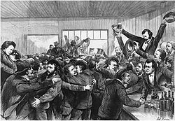 Черно-белый рисунок людей, празднующих освобождение узника Вирджиния.