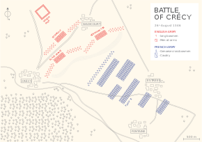 карта, показывающая позиции и движения английских и французских войск в битве при Креси