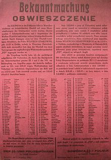 Announcement of execution of 100 Polish hostages as revenge for assassination of 5 German policemen and 1 SS-man by Armia Krajowa (quote: a Polish "terrorist organization in British service"). Warsaw, 2 October 1943. Bekanntmachung Warschau 1943.jpg