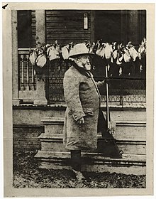 US President Benjamin Harrison with ducks he shot.